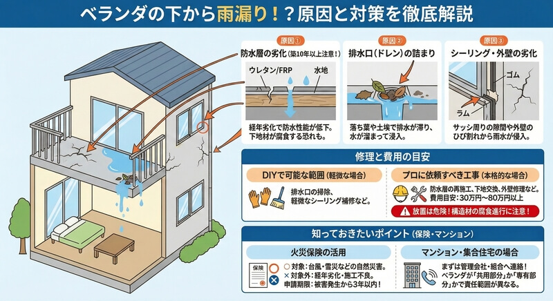 ベランダ雨漏りの原因は下から?火災保険やDIYで修理する方法と費用についても解説【2026年版】