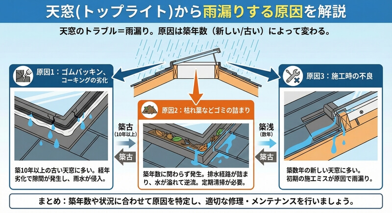 天窓(トップライト)の雨漏りは経年劣化が原因！？