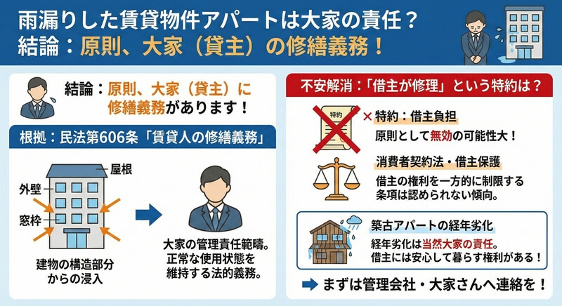 アパートで雨漏り！上の階や一階で発生した際の責任と対応されない・直してくれない時の対処方法