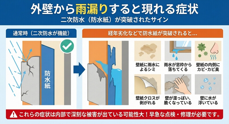 外壁から雨漏りすると現れる症状